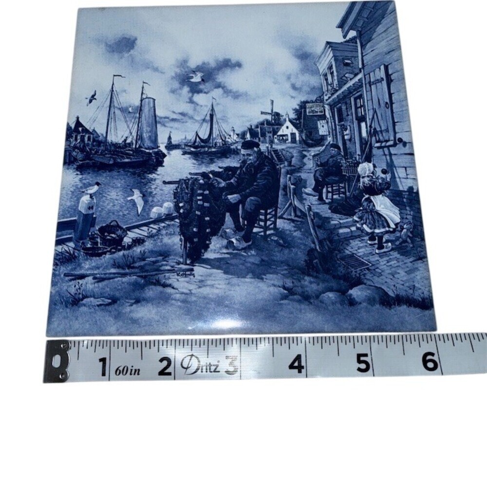 Lionel Barrymore Tile Trivet Wall Plaque Blue Harbor Scene Nautical 6x6 - Picture 3 of 4